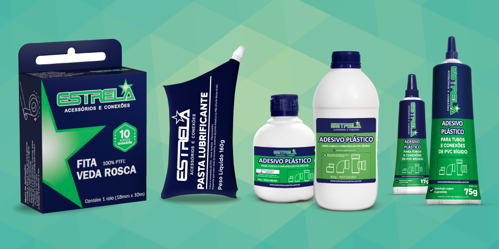 Linha completa de acessórios hidráulicos para vedação da Estrela Acessórios e Conexões, incluindo adesivo de PVC, pasta lubrificante e fita veda rosca