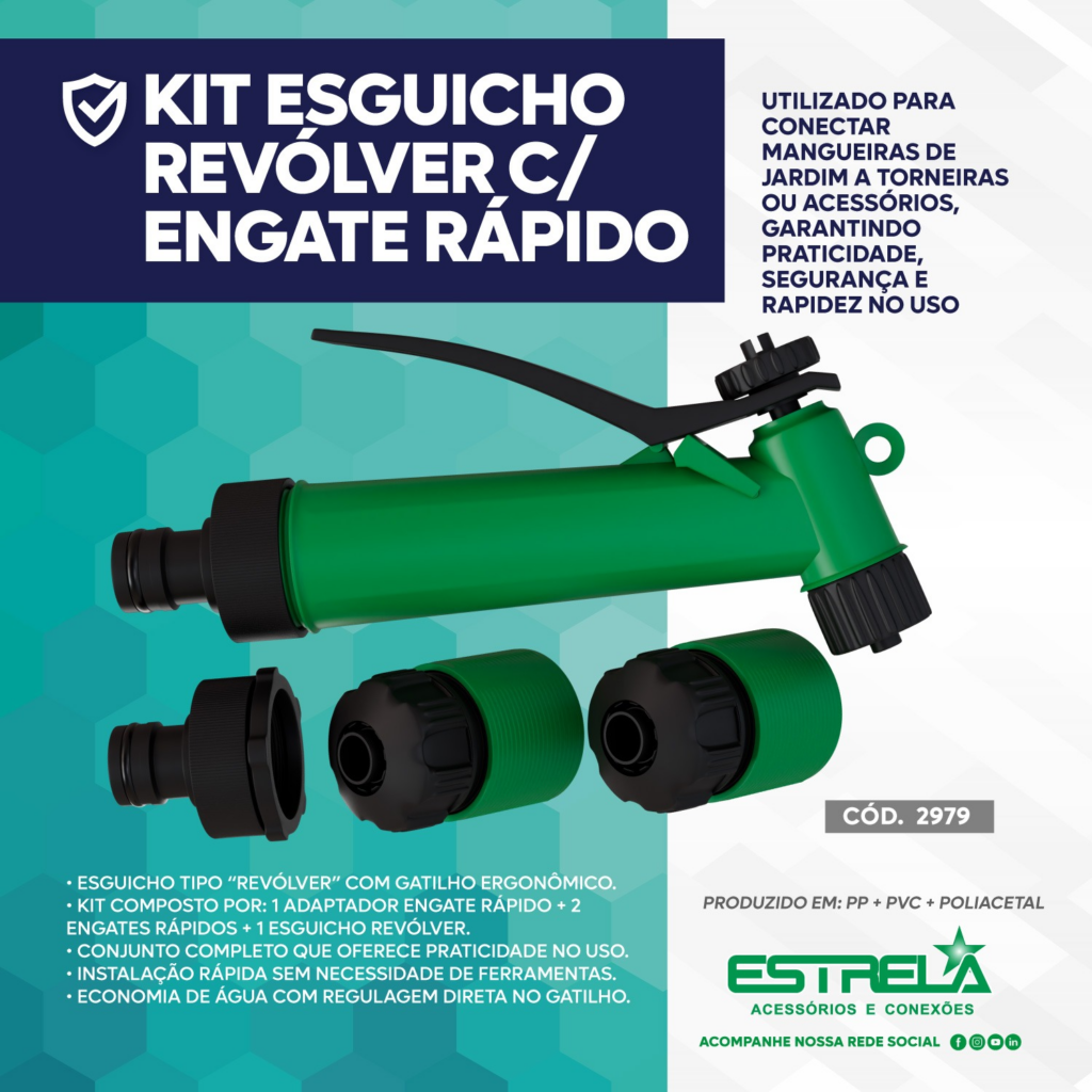 Kit completo com esguicho revólver e conectores de engate rápido para mangueira de jardim Estrela.