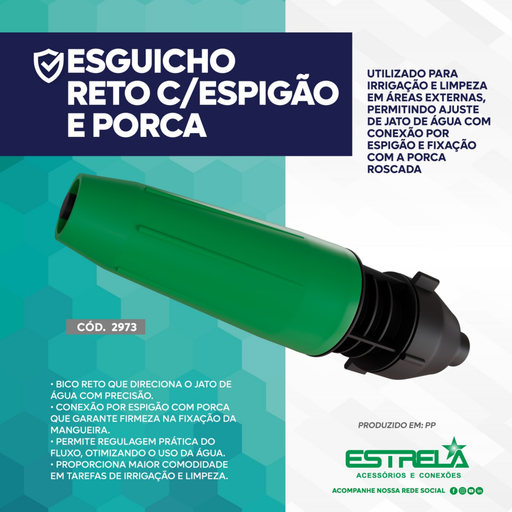 Esguicho reto Estrela com espigão e porca rosqueada, ideal para irrigação direcionada.