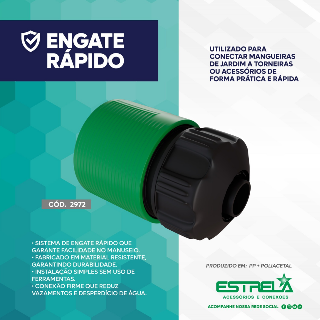 Engate rápido Estrela para conexões seguras e sem ferramentas em mangueiras de jardim.
