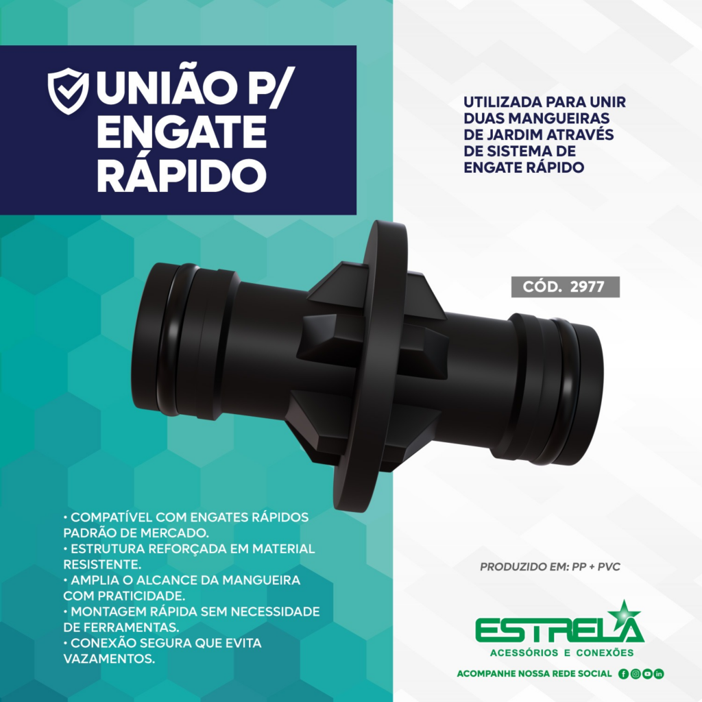 Peça de união Estrela com sistema de engate rápido para prolongar mangueiras de forma segura.