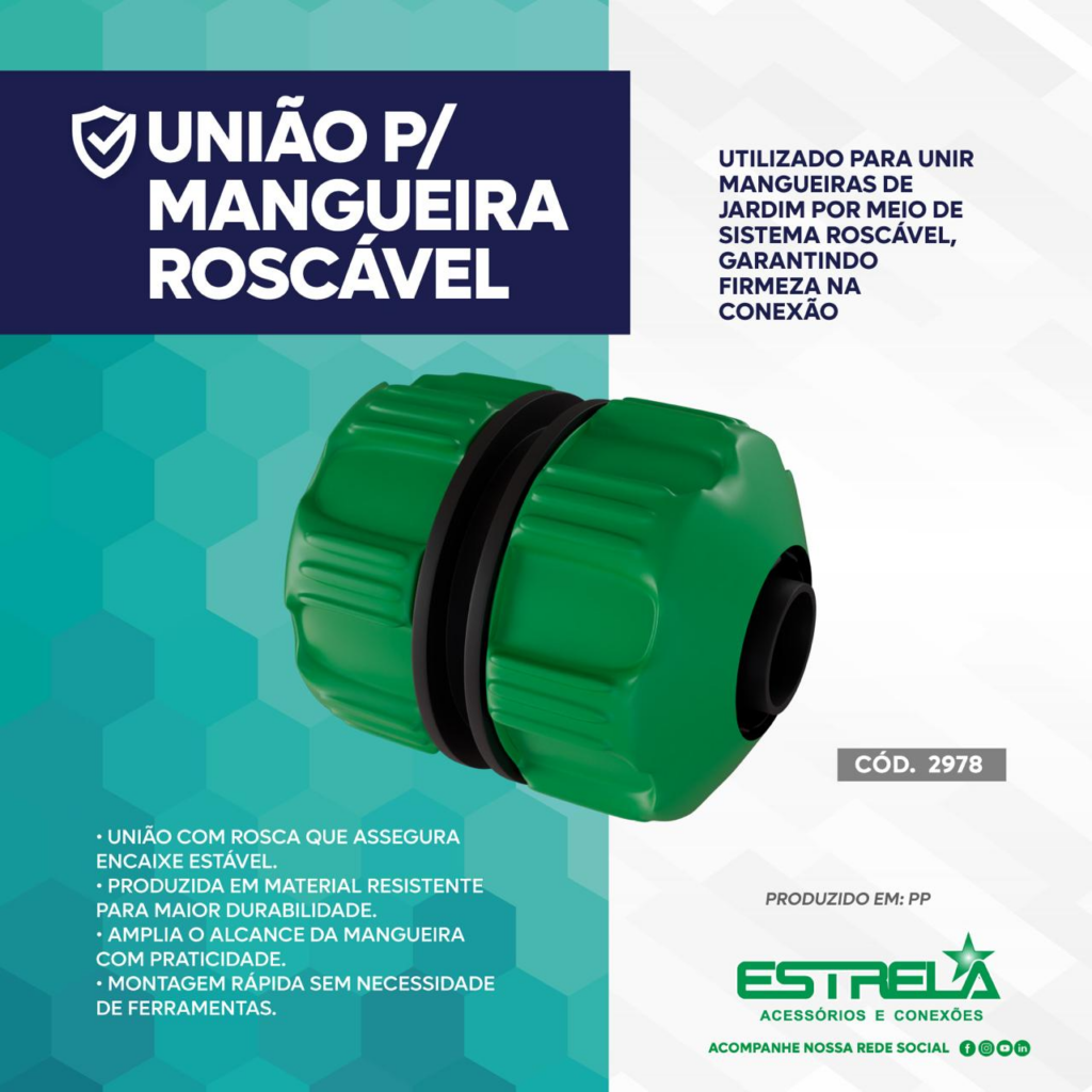 União com rosca Estrela para conexão estável entre mangueiras de jardim.