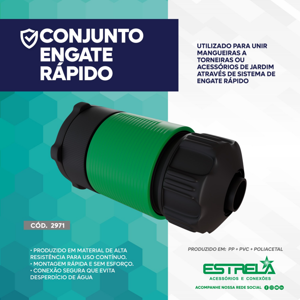 Conjunto de engate rápido Estrela para instalação ágil de sistemas de irrigação domésticos.