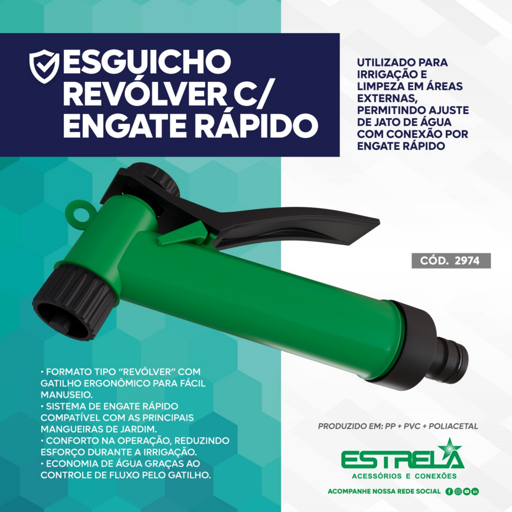 Esguicho revólver Estrela com conexão de engate rápido e gatilho ergonômico.