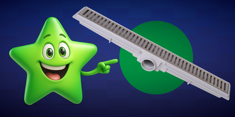 Mascote da Estrela ao lado do Ralo Premium Linear com Grelha Inox, celebrando a indicação ao Prêmio Melhor Produto do Ano 2025 da Revista Revenda