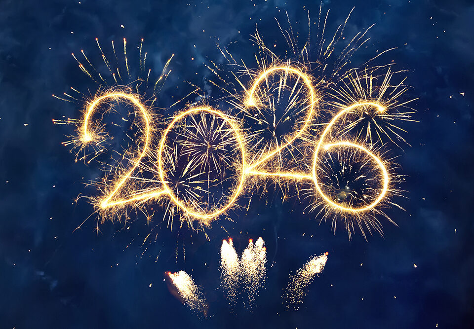 Ilustração de 2026 formada por fogos de artifício, simbolizando celebração, renovação e boas-vindas ao novo ano