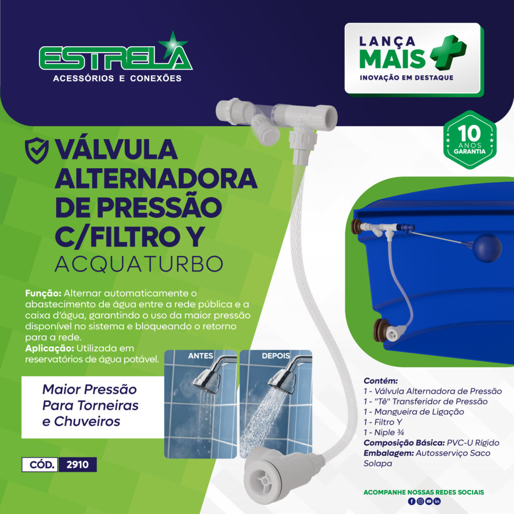 Válvula Alternadora Acquaturbo com Filtro Y, utilizada para alternar automaticamente entre rede pública e caixa d'água, garantindo maior pressão em torneiras e chuveiros