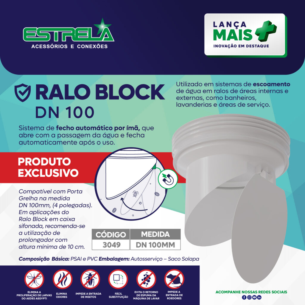 Ralo Block DN 100 com sistema de fecho automático por ímã, ideal para escoamento de água em áreas internas e externas, como banheiros e lavanderias