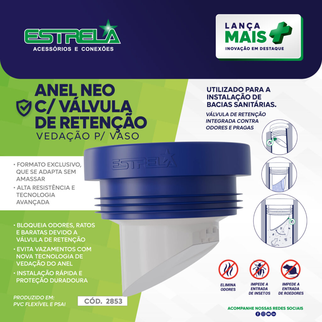 Anel Neo com Válvula de Retenção para instalação de bacias sanitárias, bloqueando odores e evitando a entrada de insetos e roedores