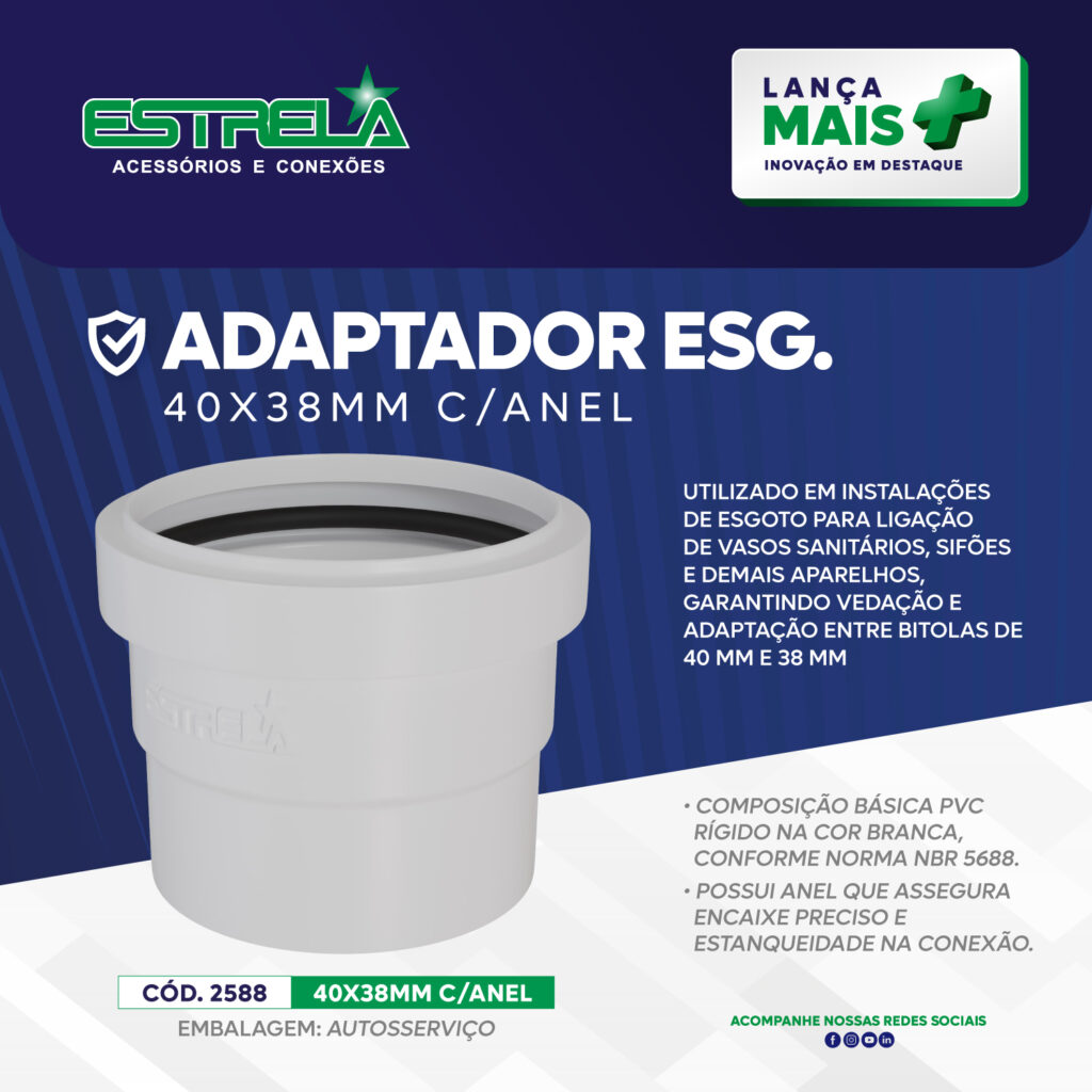 Adaptador de Esgoto 40x38MM com anel de vedação, utilizado para ligação entre bitolas de 40mm e 38mm em instalações de esgoto