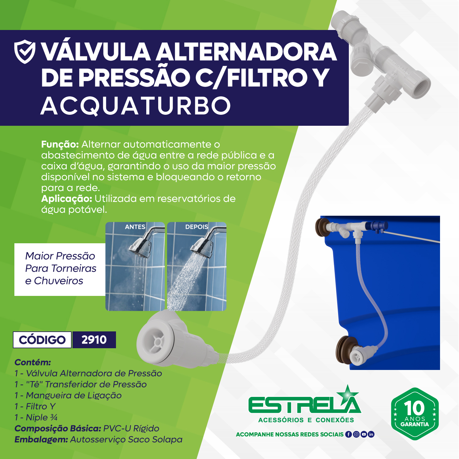 Válvula alternadora de pressão com filtro Y Acquaturbo da Estrela instalada em caixa d’água, solução para aumentar pressão em torneiras e chuveiros