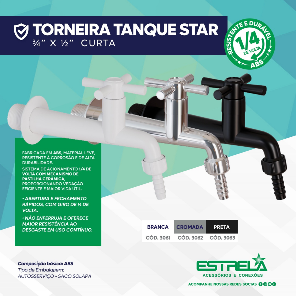 Torneiras tanque STAR e torneira pia STAR da Estrela Acessórios em diferentes cores e modelos para uso residencial