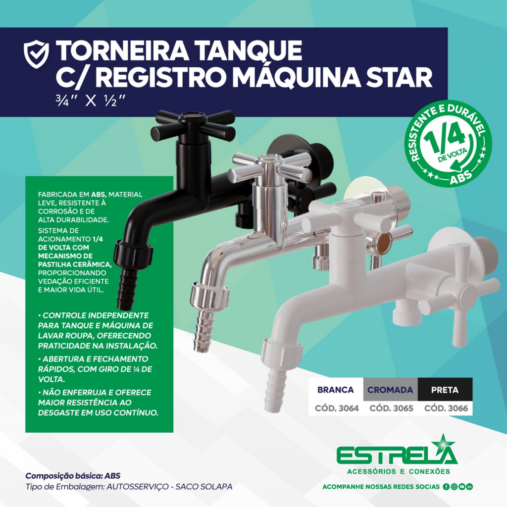 Linha STAR da Estrela Acessórios com torneiras para tanque, máquina de lavar e pia em ABS nas cores branca, cromada e preta