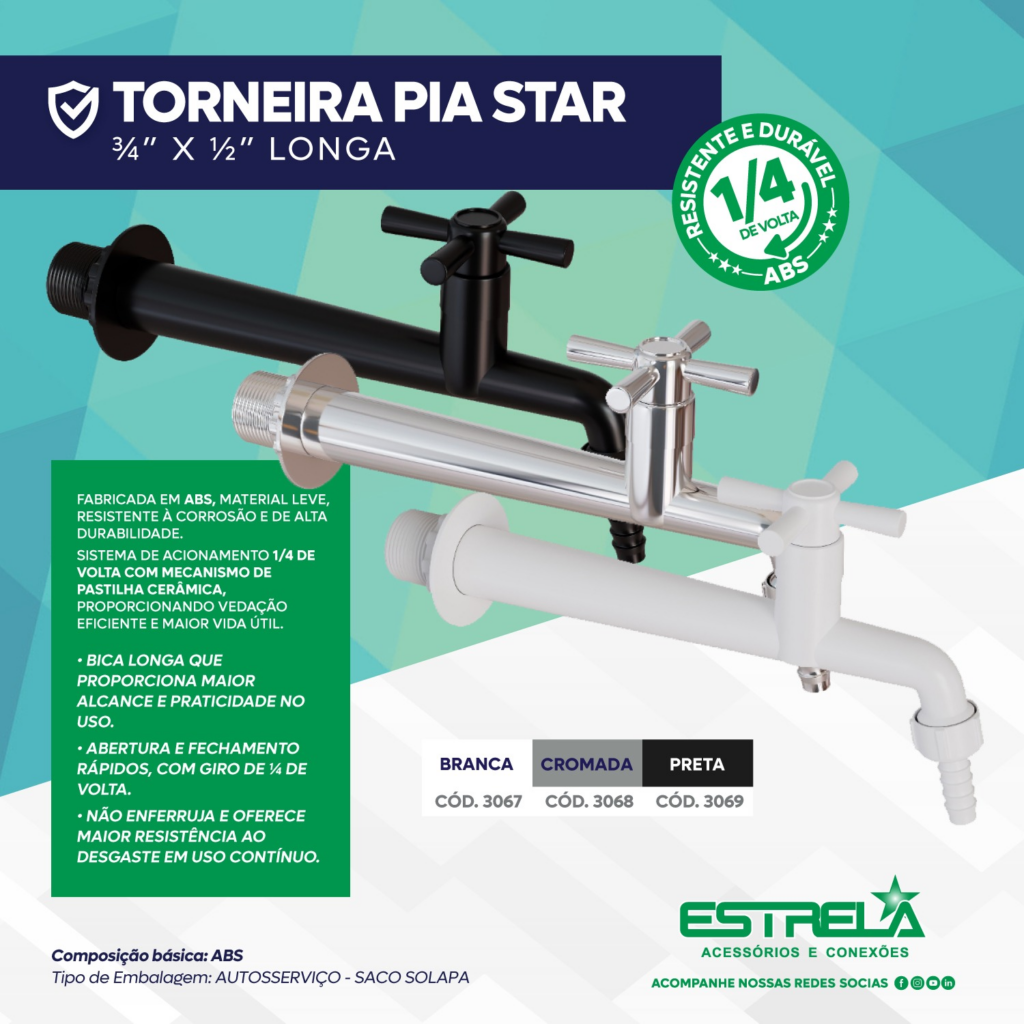 Linha de torneiras STAR da Estrela Acessórios para cozinha e lavatório com bica móvel e design contemporâneo
