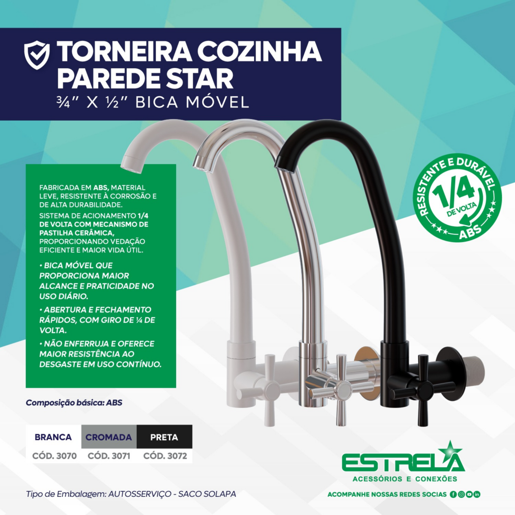 Novas torneiras cozinha parede, cozinha mesa e lavatório da linha STAR da Estrela Acessórios