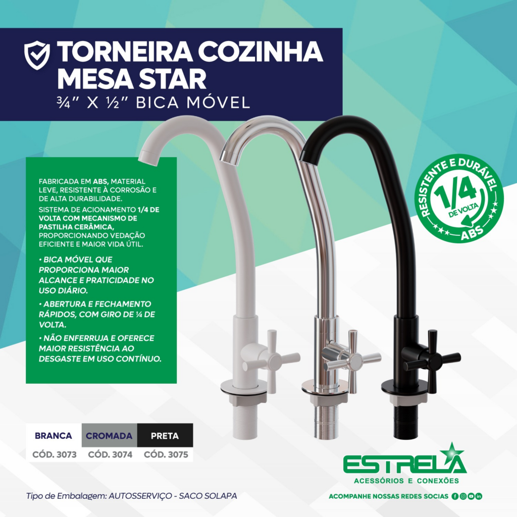 Novas torneiras STAR da Estrela Acessórios para lavanderias e áreas de serviço com acabamento moderno e alta resistência