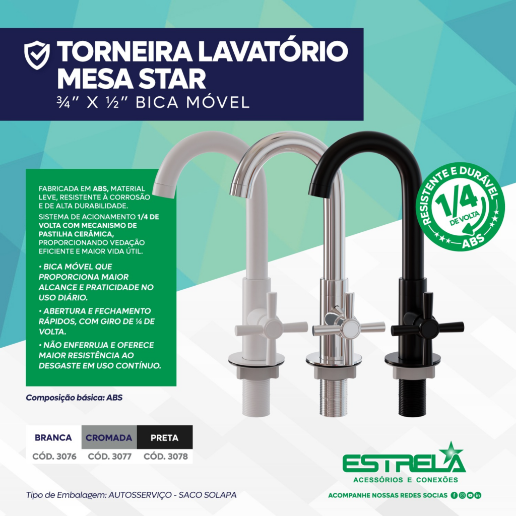 Torneiras STAR para cozinha e banheiro da Estrela Acessórios disponíveis nas cores branca, cromada e preta